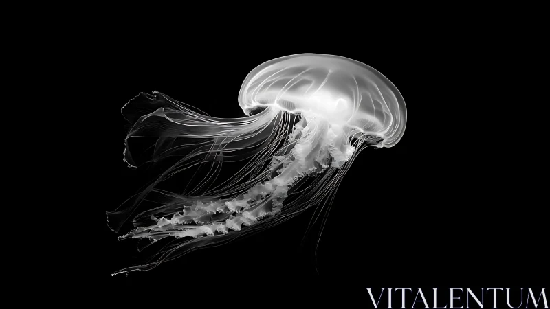 Ghostlit jellyfish drifts like moonlight in midnight water.