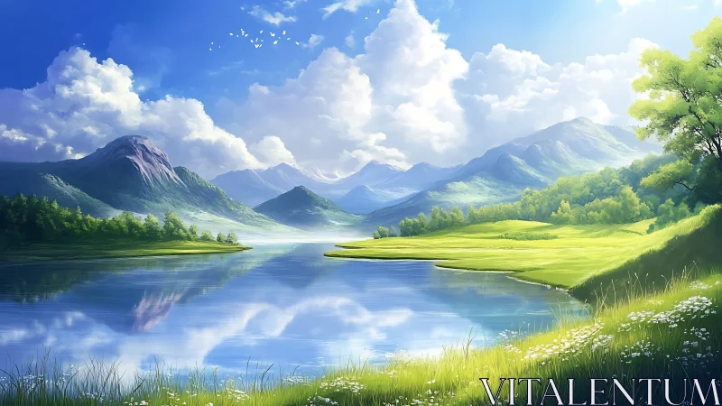Sunlit mountain lake mirrors clouds in a tranquil valley
