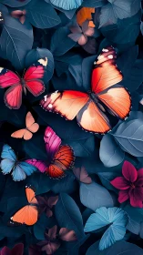 Butterflies rest on dark blue foliage with vivid contrast