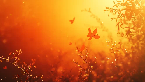 Orange butterfly drifts through glowing sunset foliage field