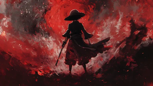 Crimson maelstrom wanderer facing the storm of blades.
