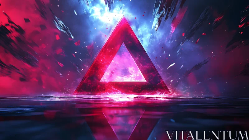 Glowing neon triangle over reflective water in deep space.