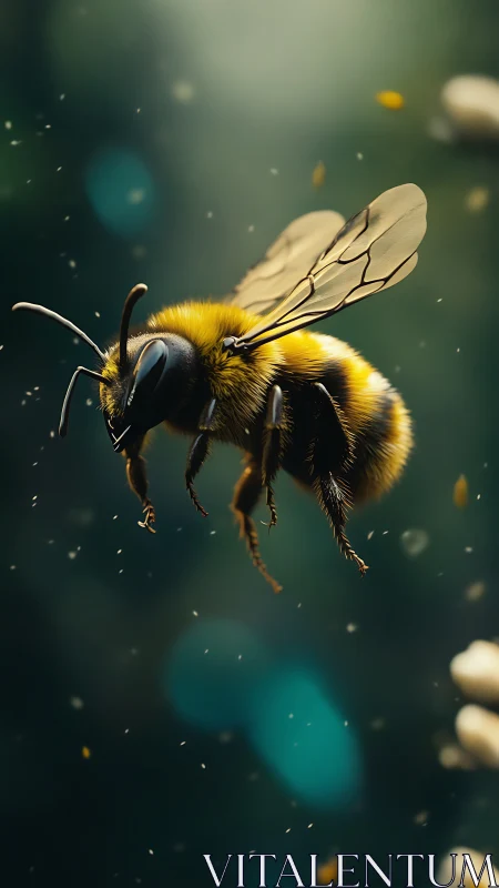 Macro photorealistic bee in suspended pollen field study.