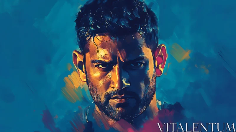 Intense male portrait in bold blue and golden brushwork.