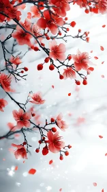 Red Cherry Blossoms Cascade Against White Sky.