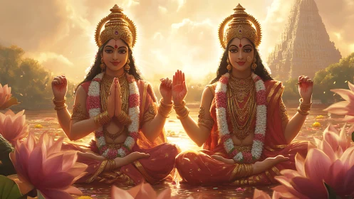 Twin Hindu goddesses seated on lotus flowers in river setting.