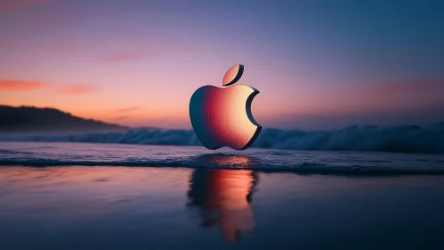 Apple logo sculpture on reflective beach at sunset.