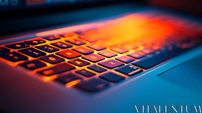 Backlit laptop keyboard under vivid orange blue glow.