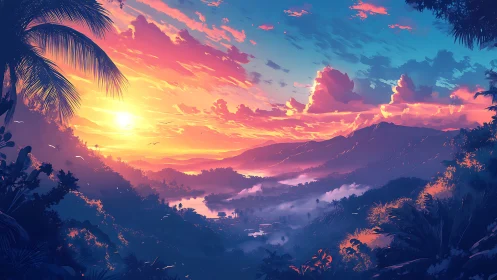 Tropical valley sunset ignites vivid neon sky over ridges.