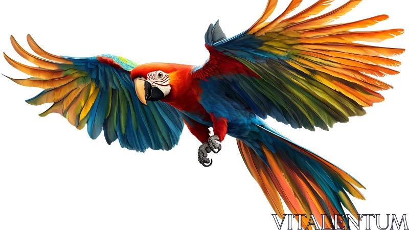 Vibrant Scarlet Macaw in Flight, Realistic Digital Illustration.