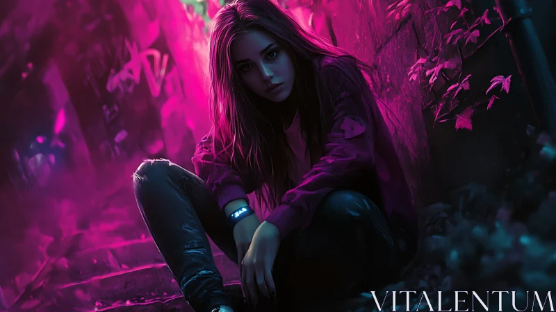Neon-lit alley girl sits in vivid magenta urban solitude