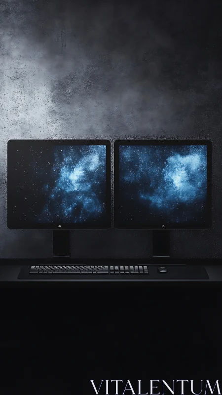 Dual monitors display cosmic nebula on minimalist desk setup.