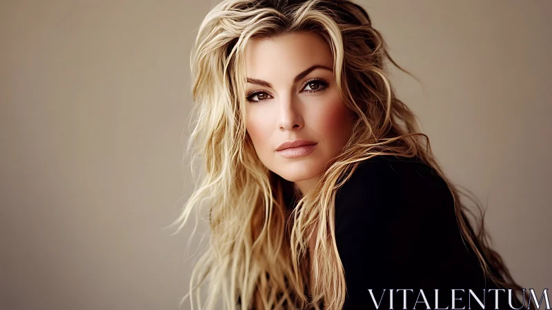 Woman with long wavy hair posed against neutral backdrop