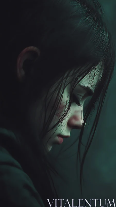 Rain-soaked girl in teal twilight, caught in quiet sorrow.