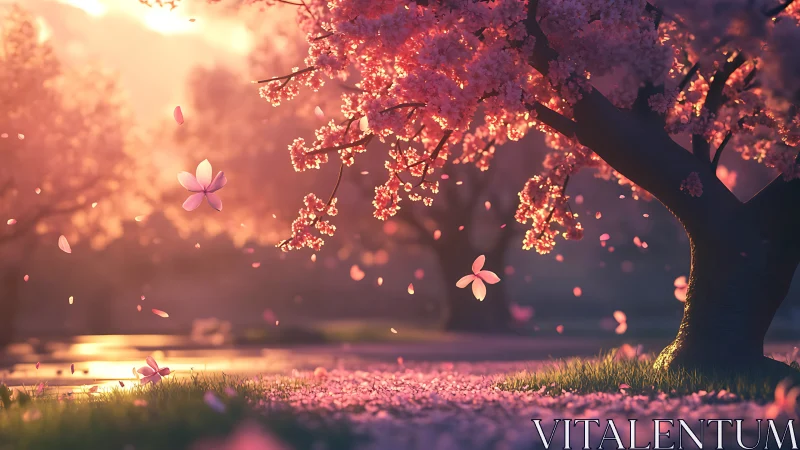 Sunlit cherry blossoms drift across a shallow depth-of-field grove