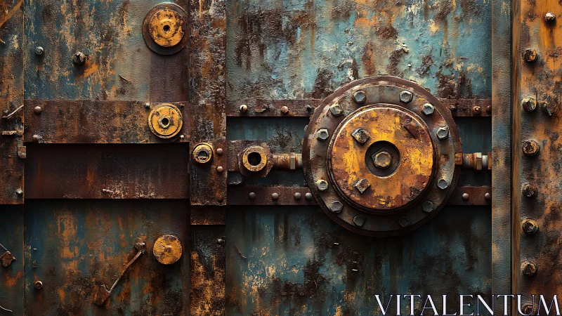 Rusted steel vault door with circular locking mechanism