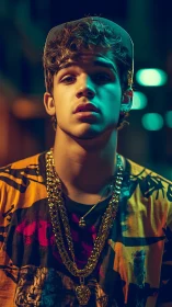 Neon city swagger crowns a gold-draped street dreamer.