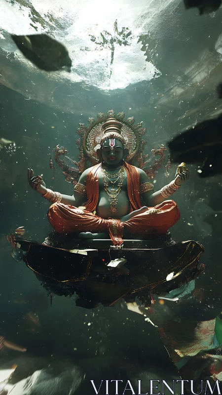 Underwater deity statue glows amid drifting temple ruins.
