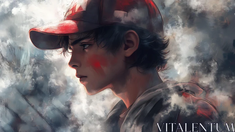 Teen boy in red cap rendered in soft digital profile portrait