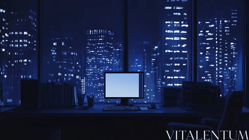 Minimalist night office with glowing city skyline view.