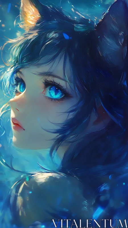 Dreamy blue-eyed catgirl bathed in gentle underwater light.
