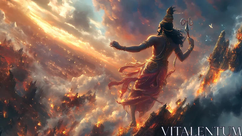 Mythic warrior figure amid burning cliffs and clouds.