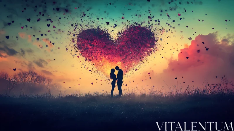 Love Ignites: Silhouetted Souls Beneath Exploding Hearts.