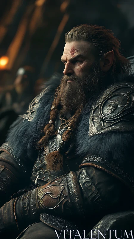 Stoic dwarven warlord broods in a dim stone hall