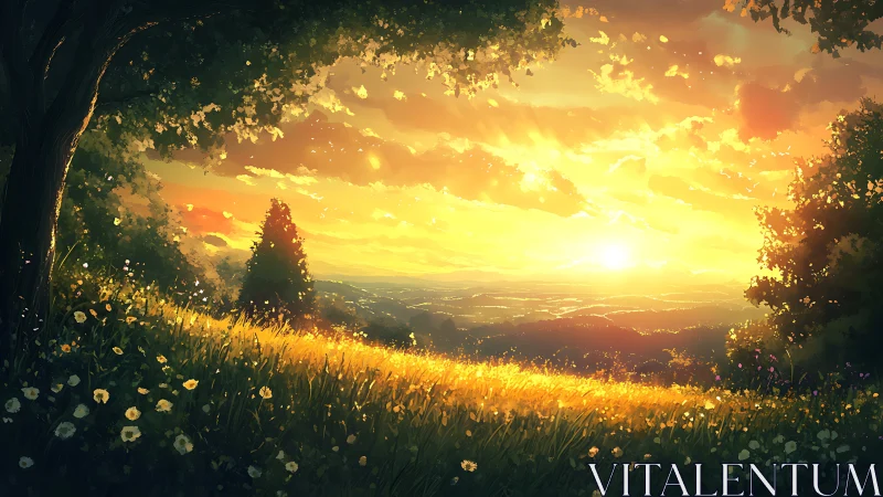 Wildflower hillside leans into a honeyed, horizon-wide sunset