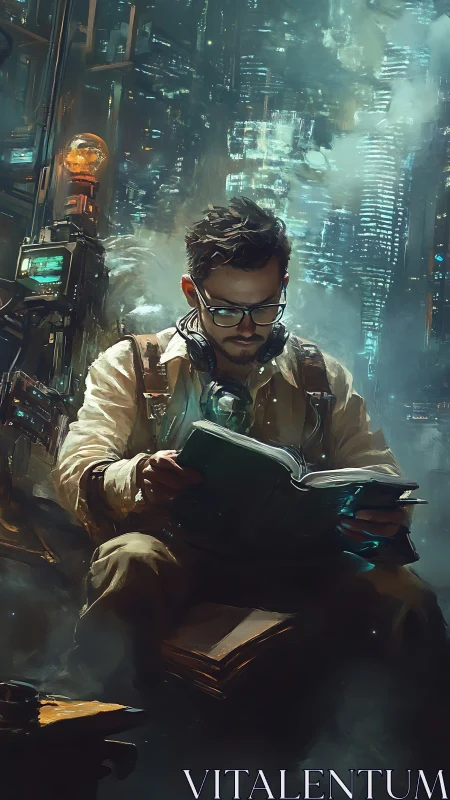 Cyberpunk researcher studies analog knowledge amid neon data