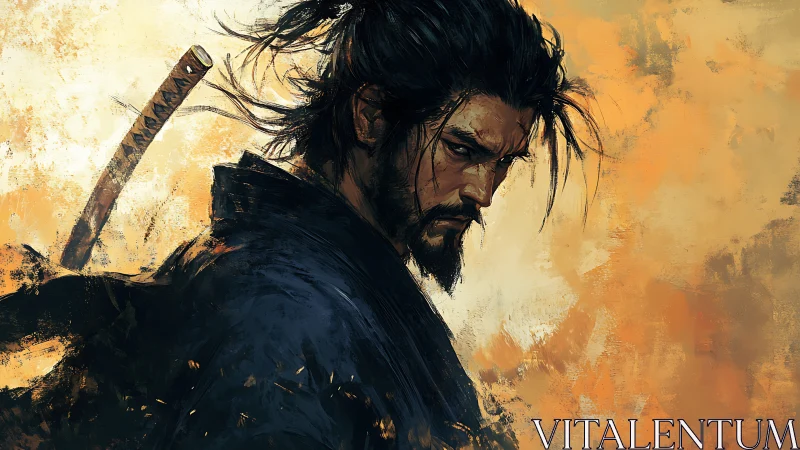 Digital painting of brooding samurai with textured aura.