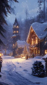 Snowy holiday cottage glows warmly in a quiet winter village