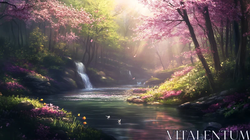 Springlit river hums softly beneath drifting cherry light