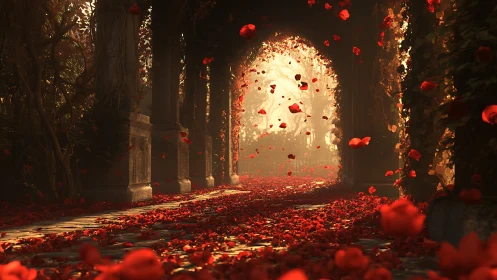 Enchanted stone archway filled with drifting red petals.