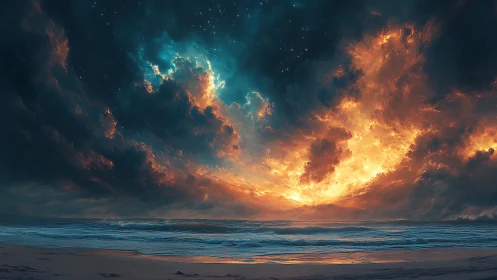 Gentle shoreline under a sky of glowing, stormy fire.