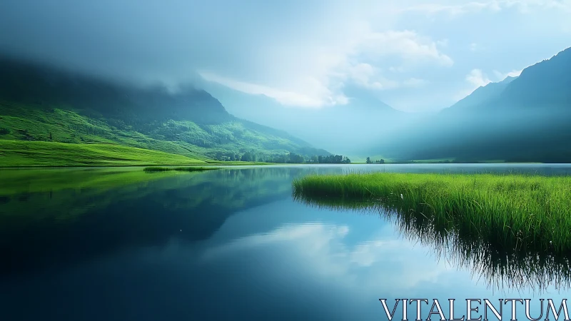 Mist-covered mountain lake with vivid green shoreline.