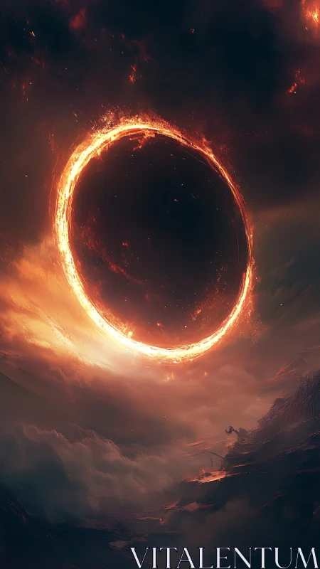 Celestial fire ring over storm-wracked abyssal landscape.