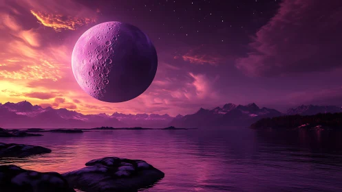 Moonglow drifts above a tranquil violet twilight sea