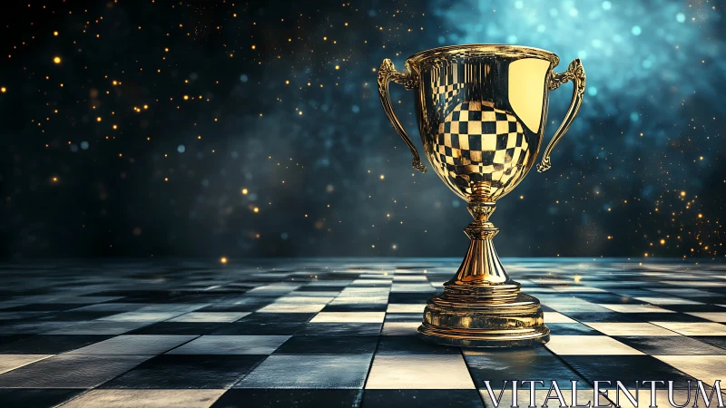 Golden chess trophy glows proudly on a sparkling board