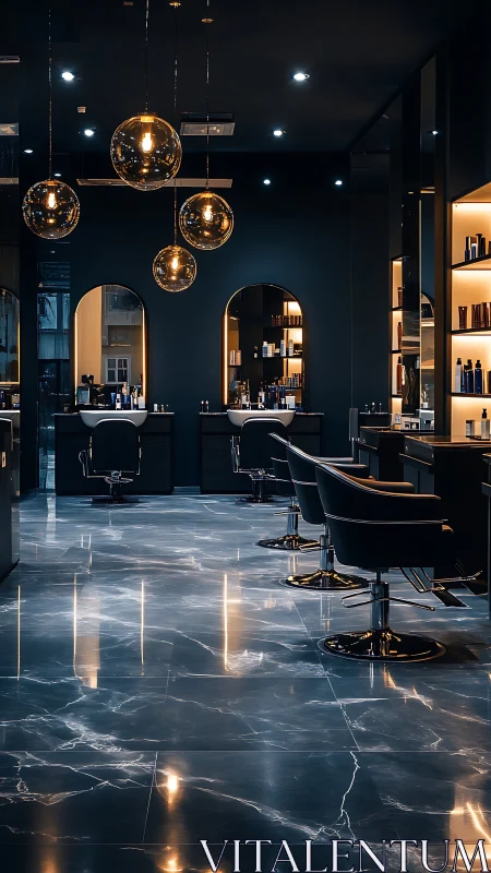 Modern salon interior with dark marble floor and pendant lights