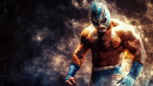 Masked wrestler in blue gear amid swirling light field.