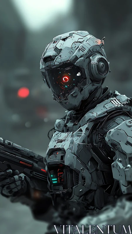 Curious combat android pauses in a misty futuristic battlefield.