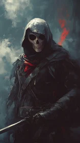 Hooded skeletal warrior in dark cloak holding blade.