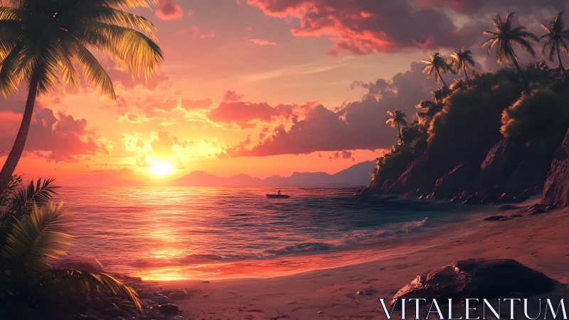 Tropical coastline sunset panorama with warm volumetric lighting