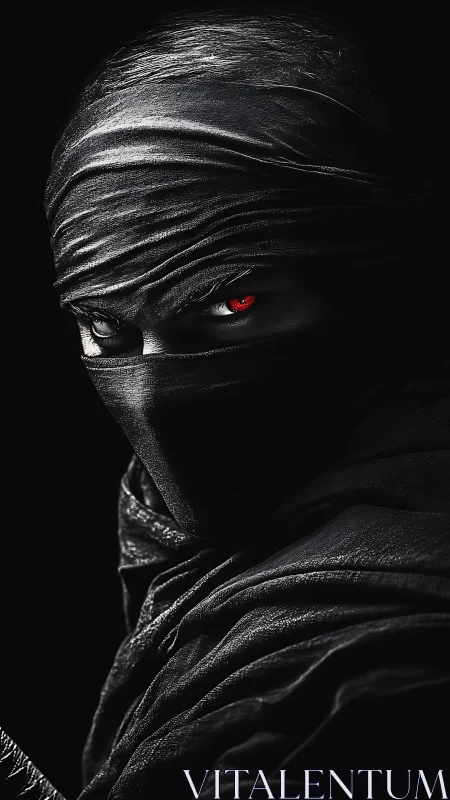 Cinematic ninja portrait in dramatic low key monochrome lighting.