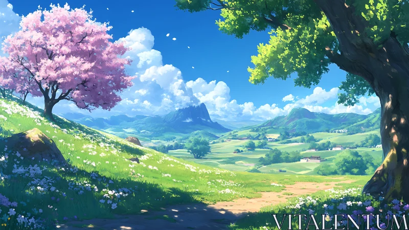 Idyllic spring valley rendered in luminous anime landscape art