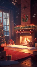 Cozy winter cabin glows with a warmly lit Christmas hearth