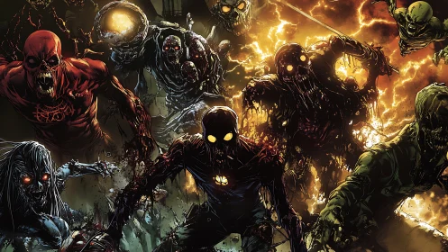 Undead horde advances through molten lightning backdrop, high-contrast inking