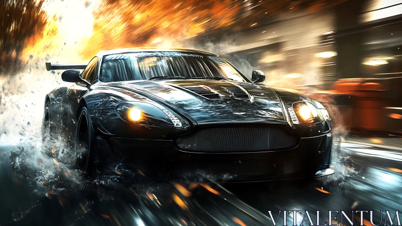 Black sports car powers through rain with blazing motion blur