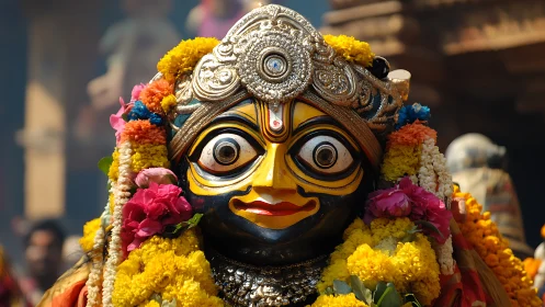 Ornate deity mask glows under marigold and rose garlands.